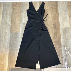 ASOS Satin Black Sleeveless V-Neck Front Tie Wrap Wide Leg Jumpsuit NWT